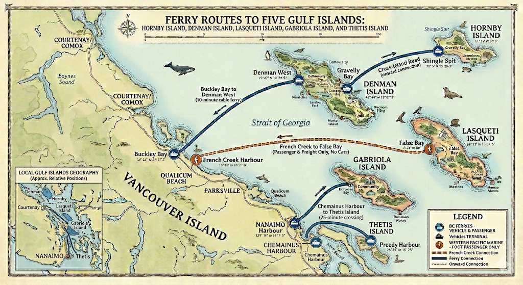 Illustrated map of the Strait of Georgia showing ferry routes connecting Vancouver Island to Hornby, Denman, Lasqueti, Gabriola, and Thetis Islands. Route 55 between False Bay on Lasqueti and French Creek Harbour on Vancouver Island is shown as a passenger-only connection.